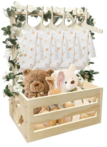 Taimimy Holz Baby Geschenk Korb mit Griff, Kinder Kleiderbügel und Girlande, Holz Babyparty Schrank, Baby Aufbewahrungskorb,Personalisierte Baby Korb für Schwangere Neue Eltern(Holzfarbe)