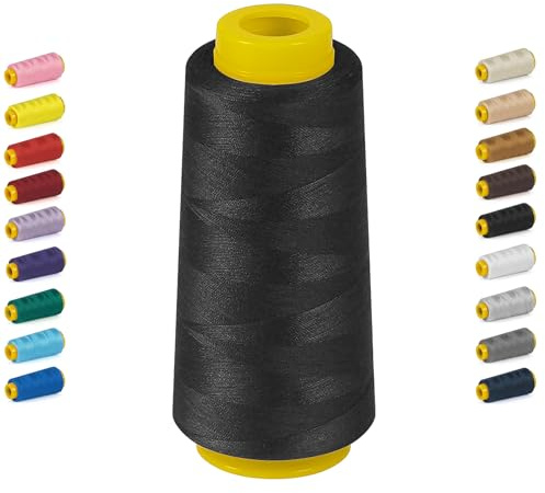 Nähgarn Overlockgarn für Nähmaschine, 100% Polyester Schwarz, Je 1640 M Nähfaden, 40/2 Garn zum Qualitäts-Kanten versäubern, Umschlagen & Handgefertigt