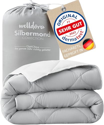 Welldora OPTICLIMA Allergiker Bettdecke 135x200 | Fachärztlich geprüft | Oeko-Tex Zertifiziert in der Schweiz | Ganzjahresdecke für Sommer & Winter | Wendedecke Silbergrau-Weiß | Premium Steppdecke
