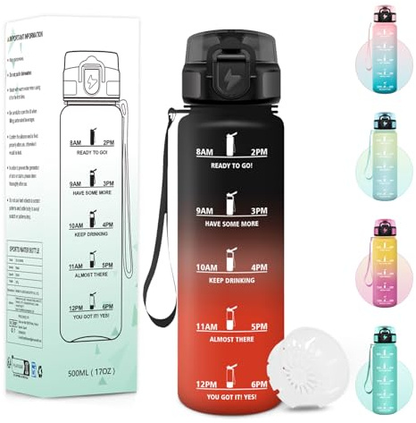 Baramumu Trinkflasche, 500ML BPA-Frei, Wasserflasche, Mit Zeitstempel, Trinkflasche Kinder, Auslaufsicheres Schlossdesign, Flasche Kinder Auslaufsicherfür Schule, Yoga, Camping - Schwarz&Rot