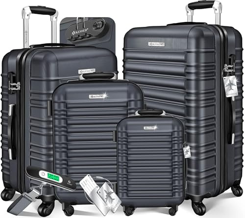 KESSER® 4-TLG. Kofferset Hartschalenkoffer, Reisekoffer 4er-Set S-M-L-XL, Trolley Koffer mit 4 Rollen, ABS Hartschale, Teleskopgriff + Kofferwaage & Gepäckanhänger, Rollkoffer mit Schloss, Anthrazit