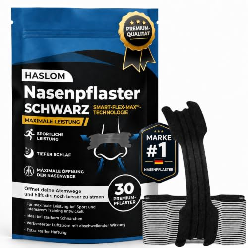 Schwarz Nasenpflaster Anti Schnarch - HASLOM - 30 Nose Strips | PERFORMANCE & EXTRA HALT: Schwarze Nasenstrips mit starkem Halt für Sport, Schlaf und besseres Atmen