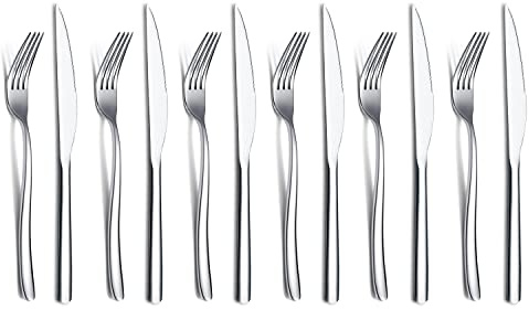 Steak Besteckset 12-Teilig, Premium Edelstahl 6 Tafelgabeln und 6 Tafelmesser-Set, Steakmesser Steakgabeln für 6 Personen, Hochglanzpoliert, Spülmaschinenfest (Silber Glanzend)