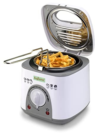 Augosma Mini Fritteuse Mit öl | 850-950W l Kapazität: 1 Liter l Sichtfenster l Frittierkorb aus Edelstahl l Einstellbare Temperatur l Wärmeisoliert l Rutschfeste Gummiauflage l Weiß