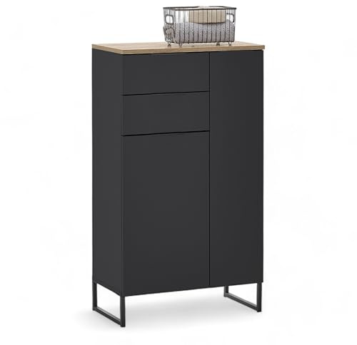 Denver Badezimmer Kommode in Schwarz/Evoke Eiche Optik FSC-Zertifiziert - Badezimmerschrank Bad Schrank mit viel Stauraum - 60 x 106 x 32 cm (B/H/T)
