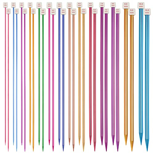 Aeelike 35 cm Große Stricknadeln Set 28 Stück/14 Paar, Einspitzige Farbige Stricknadel Set 2mm-10mm, Aluminiumoxid Lange Gerade Stricknadeln mit Klare Abmessungen für Stricken Schals, Decken, Pullover