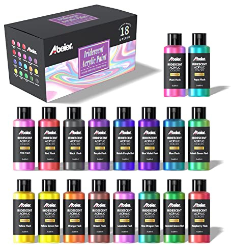 Acrylfarbe Schillernde , Abeier Set aus 18 Chamäleonfarben, 2 oz/60ml Flaschen, Iridescent, Ungiftig, Hohe Viskosität, Mischbar, Farben auf Felsen Handwerk Leinwand Holz, Stoff, Keramik & Stein