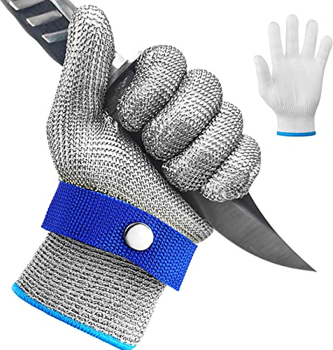 Schnittschutzhandschuhe, Lebensmittelqualität Level 9 Schutz Edelstahl Draht Metall Mesh Arbeitshandschuhe, Kettenhandschuh Schnittfeste Handschuhe+Ininnenhandschuhe for Küche Mandolinenschneiden, 9/L