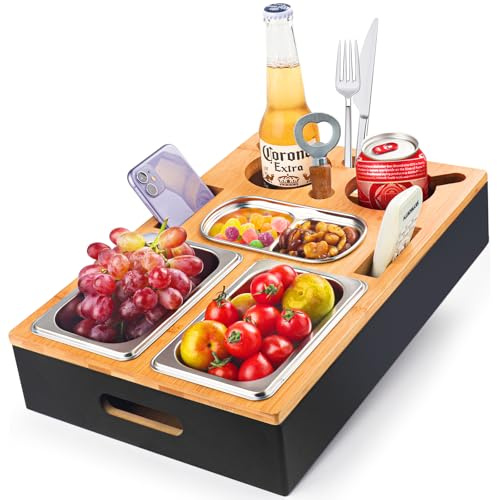 Couchbar Snackbox Sofatablett,Geburtstagsgeschenk für männer, Snackspender mit Snackschale, Getränkehalter Flaschenhalter, Snackbar Organizer Abnehmbarer Deckel für Sofa