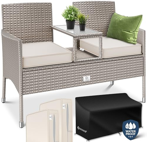 KESSER® Polyrattan Gartenbank mit Tisch, 2 Sitzer, 143x63x88cm Gartenbank wetterfest, Sitzbank Outdoor, Balkonbank mit Ablage, Gartenmöbel Rattan Bank für Garten & Balkon + Kissen & Cover, Grau