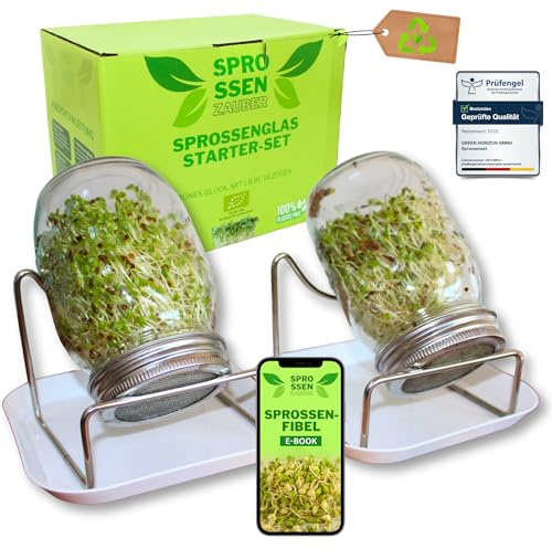 Sprossenzauber® Sprossenglas 2er Set 500ml inkl. E-Book – Edelstahl-Deckel & Auffangschale – Sprossen selber ziehen – Keimglas für Brokkoli, Alfalfa, Kresse – Einsteiger-Set für frische Microgreens