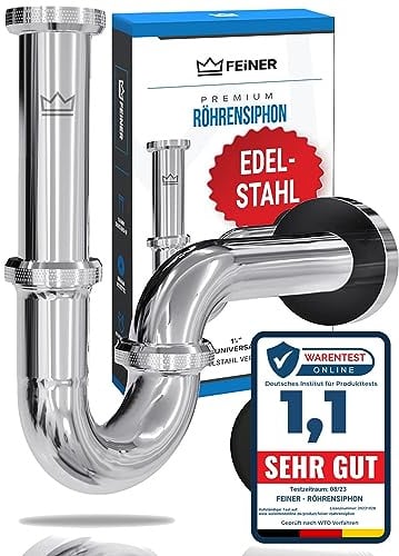 FEINER® Premium Universal Siphon für Waschbecken EDELSTAHL vormontiert – nur noch zusammenschrauben, Waschbecken Ablaufgarnitur 1 1/4“ Chrom, verstellbar 2–12 cm, Gratis-Dichtungen + Montage-Video