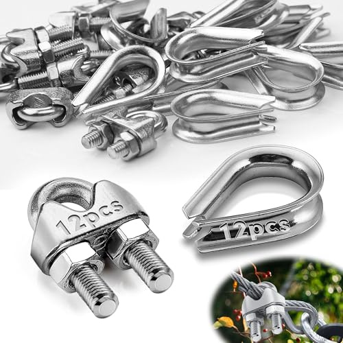 Mbsomnus 24 Stück Seilklemmen 4 mm Edelstahl Set Drahtseilklemme M4 | 12 Stk Stahlseil Klemme, 12 Stk Kauschen 4mm Edelstahl A4, DIN741, Bügelseilklemme, Stahlseil Seilverbinder, für Wäscheleine