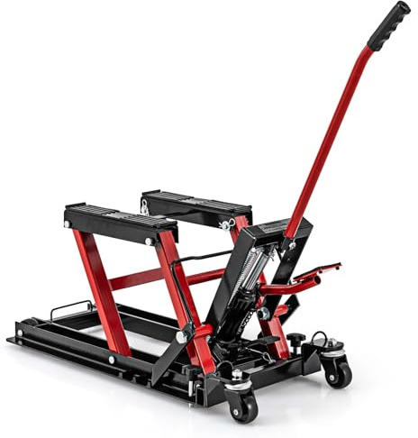 COSTWAY Motorrad Hebebühne, Motorradheber bis zu 680 kg 3-stufig höhenverstellbar, Hydraulische Motorradhebebühne für Motorräder ATVs und Quads (Rot)