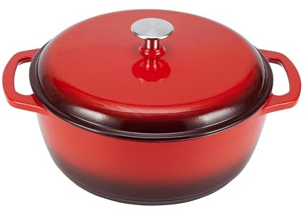 Amazon Basics Rund Bräter Schmortopf aus emailliertem Gusseisen, 6.9 l, Rot