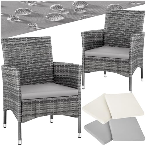 tectake® 2er Set Gartenstuhl aus Polyrattan, Gartenmöbel Set mit 2 Sessel, Outdoor Rattansessel inklusive Sitzpolster und 2 Bezugssets, rostfreie Edelstahlschrauben, pflegeleicht - grau/hellgrau