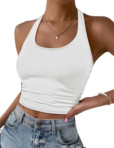 Ekouaer Tank Top Damen Rückenfrei Neckholder Crop Top Sommer Rippstrick Tanktops Frauen U-Ausschnitt Einfarbig Oberteil