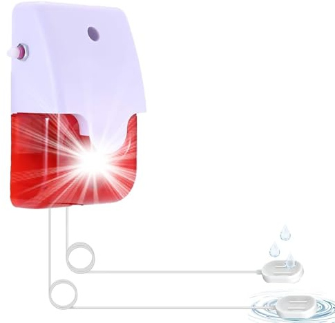 Wasser-Leck-Detektor mit 2 Sonden (5m, bis 50m verlängerbar) - 120 dB Alarm mit Stroboskoplicht & Lautstärkeregler - Für Lecks & Überschwemmungen - Batteriebetrieb, langlebig