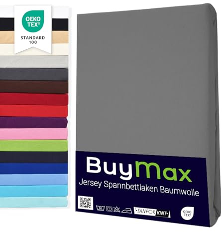 Buymax Spannbettlaken 140x200cm Baumwolle 100% Spannbetttuch Bettlaken Jersey, Matratzenhöhe bis 25 cm, Farbe Anthrazit-Grau ÖKO TEX Standard