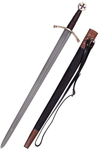 Battle-Merchant - Templerschwert aus echtem Stahl mit Scheide - echt Metall - Schwert für Erwachsene - Ritterschwert für Mittelalter- & Kreuzritterkostüme
