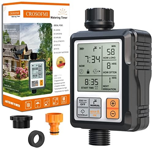 CROSOFMI Bewässerungscomputer Wasserzeitschaltuhr Garten Zeitschaltuhr Bewässerung,Großes 3-Zoll-Display Regenverzögerung und Kindersicherung