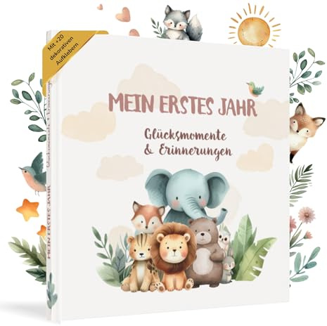 HuBorns - Babyalbum Erstes Jahr bis 5 zum Einkleben von Fotos, Fotoalbum Kinder +50 Seiten und Stickern, Originelles Erinnerungsbuch Baby, Fotoalbum Baby für Babyparty Geschenk (Freunde, Deutsch)