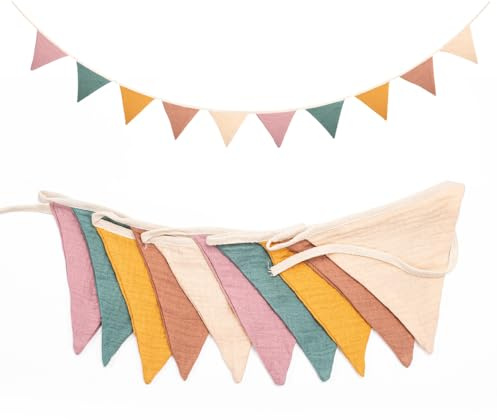 Wimpelkette Kinderzimmer,Musselin Baumwolle Stoff Wimpelkette,Girlande Kinderzimmer Deko zum Aufhängen, Hausbett Deko Mädchen & Jungen,Wanddeko Geschenk,Babyzimmer Dekoration (Morandi Beige)