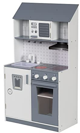 roba Kinderküche, Spielküche weiß, grau, Kinderküchenzeile mit Spüle, Wasserhahn, Mikrowelle, Herd, Grill, Herdplatten, Kühlschrank