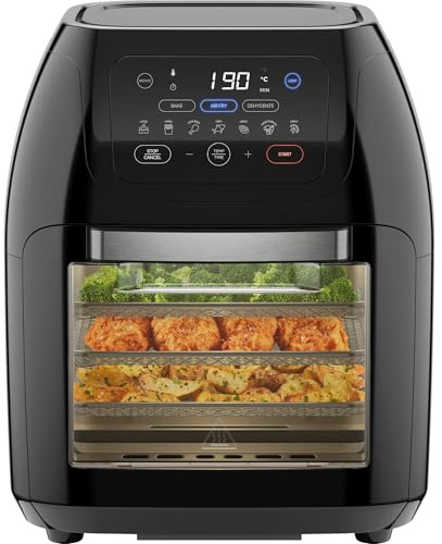 Chefman Multifunktionale Digitale Heißluftfritteuse + Rotisserie, Dörrautomat, Konvektion, 17 Touchscreen-Voreinstellungen, XL 10L Familiengröße, Automatische Abschaltung, Großes Sichtfenster, Schwarz