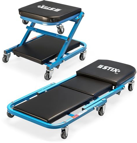 Stix Werkstatt Rollbrett 2-in-1 Montageliege und Rollhocker 150 kg | Klappbare Konstruktion, 6 Rollen, Höhe 12 cm, Für Werkstatt und Garage