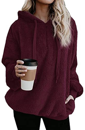 Hormtaer Hoodie Damen Oversize Teddy Pullover Teddyjacke Pulli Teddy Fleece Sweatshirt Kapuzenpullover Fleecejacke Kapuzenpulli Warm Langarm Lose Winter Tops Oberteile Casual mit Tasche