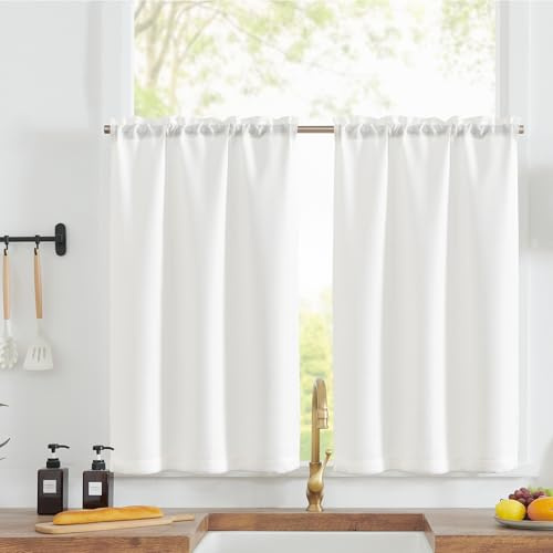 TOPICK Scheibengardine Bistrogardine Weiß Vorhang Fenstervorhang Lichtdurchlässig Gardine Gaze Paarig Schals Leinenoptik Scheibengardinen Fensterschal für Küche Wohnzimmer 2er-Set 60Hx90B(cm)