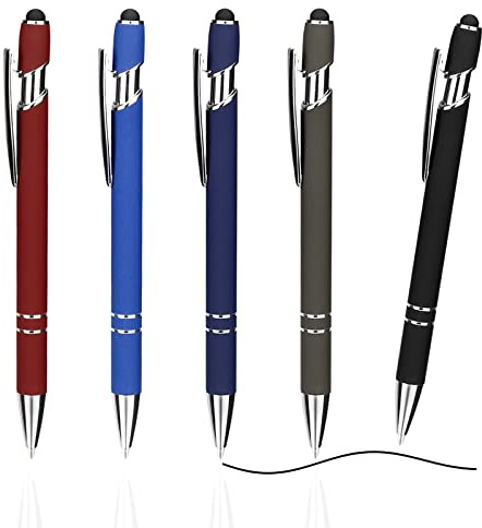 ENLACE Kugelschreiber Hochwertig mit Touchpen 5 Stück Schwarz | Metall, Rutschfeste Griffzone, Einziehbare Spitze, Gleichmäßiger Tintenfluss, Taschenclip, für Büro, Schule und Tablet