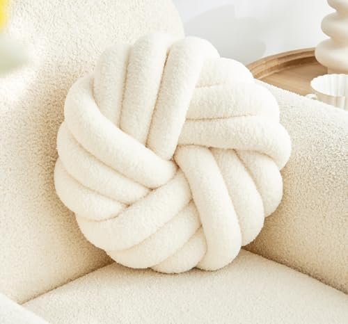 Vdoioe Cremeweißes Knotenkissen, 34 cm, rundes Wurfkissen, weicher Plüschknoten, Ballkissen, handgefertigt, geknotetes Kissen, modernes Zuhause, dekoratives Knotenkissen für Bett, Schlafzimmer, Sofa,