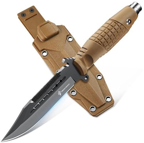 Dream Reach Outdoor Messer Survival, Feststehende Klinge Campingmesser mit Flaschenöffner, Gezähnter Rücken & Braun Scheide, Geschenke für Männer