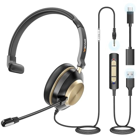 Wantek 881F Headset Mono mit Mikrofon Noise Cancelling und USB A 3,5mm Stecker Typ C auf A Adapter für Call Center Online Konferenz Computer Laptops Tablets Telefone Xbox