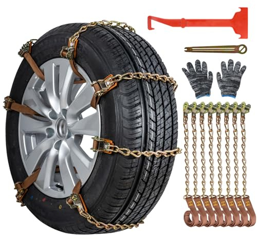 Oziral Schneeketten 8 Stück Anti-Rutsch-Einstellbare Ketten mit Plastikschneeschaufel und Handschuhe Einfach Zu Montieren Langlebige Reifen Schneekette für Auto, LKW, SUV Fahrbahn Schnee Straßen