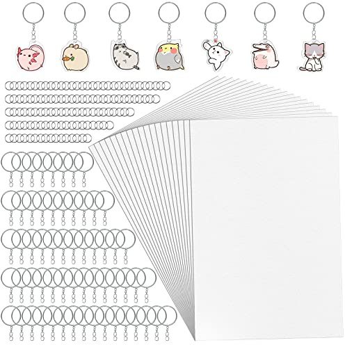 WOOWAIR 225 Stück Schrumpffolie Set, Inklusiv 25 Stück A4 Schrumpffolie zum Bemalen(20 x 29 cm), 100 Schlüsselring, 100 Spaltringe, Schrumpffolien für DIY Handwerk