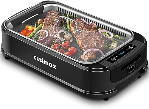 CUSIMAX Elektrogrill 1500W Tischgrill Elektrisch mit Deckel für den Innen- und Außeneinsatz, elektrische grill mit einstellbare Temperatur, herausnehmbare Ölauffangschale und Grillplatte, Schwarz