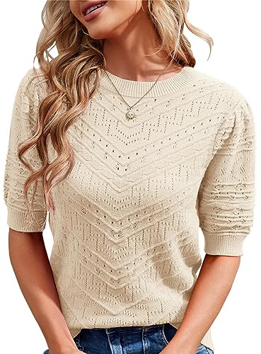 Runcati Damen Kurzarm Strickpullover Casual Rundhals Puffärmel Elegante Einfarbige Sweateshirt Pullover,Beige,S