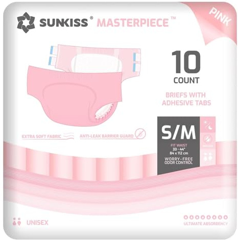 SUNKISS Masterpiece Windeln für Erwachsene mit ultimativer Saugfähigkeit, Einweg Inkontinenz Slips für Männer und Frauen, mit Tabs, Auslaufschutz bei Blasenschwäche, Rosa, Größe S/M, 10 Stück