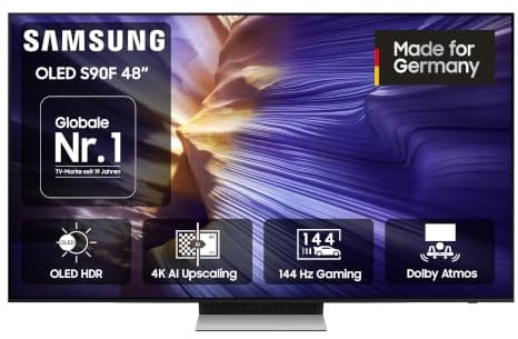 Samsung OLED 4K S90F 48 Zoll (121 cm), UHD Fernseher, NQ4 AI Gen3 Prozessor, OLED HDR, 4K Upscaling Pro, Dolby Atmos, Gaming Hub, Motion Xcelerator 144Hz, Samsung Vision AI Smart TV