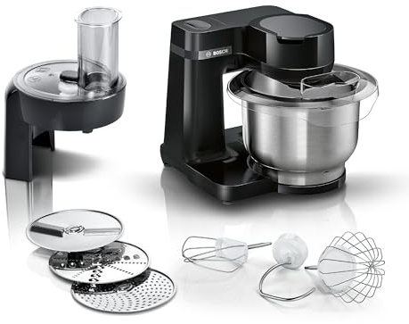 Bosch Küchenmaschine Serie 2, kleine Küchenmaschine, Edelstahl-Schüssel 3,8 L, Planetenrührwerk, Knethaken, Schlag-, Rührbesen Edelstahl, Durchlaufschnitzler, 3 Scheiben, 700 W, schwarz, MUMS2EB01