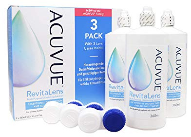 ACUVUE RevitaLens MPDS – Pflegemittel und Reiniger für weiche Kontaktlinsen mit antimikrobieller Wirkung – Wirkt mehr als 16 Stunden – 3 x 360 ml Kombilösung