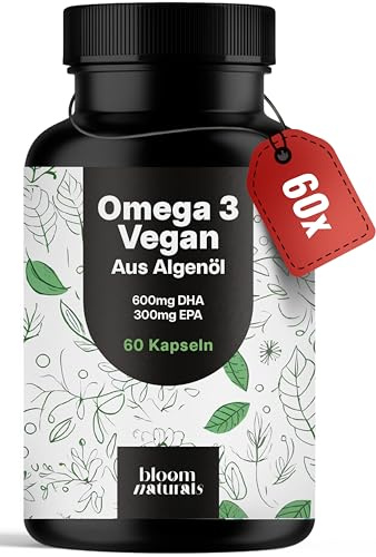 Omega 3 Kapseln hochdosiert Vegan – 60 Kapseln – 2000 mg Algenöl | 600 mg DHA & 300 mg EPA – vegan, produziert in Deutschland, laborgeprüft