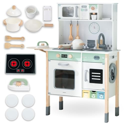 mamabrum Kinderküche Holz mit Waschmaschine & Sound-Mikrowelle – Spielküche ab 3 Jahre mit Zubehör, Kreidetafel & Kaffeemaschine – Interaktive Küche für Kinder, Höhenverstellbar, Robust & Lernfördernd