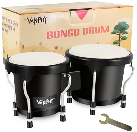 VANPHY Bongo-Trommel, 10,2 cm und 12,7 cm, Set für Erwachsene, Anfänger, stimmbare natürliche Haut, Bongos, Percussion-Instrumente mit Stimmschlüssel und Geschenkbox (schwarz)