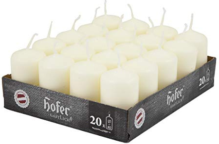 Hofer Stumpenkerzen - Elfenbein - 4 x 7 cm - Lange Brenndauer - 11 Stunden - Unparfümiert - Tropffreie - 20 Stück Kerzen