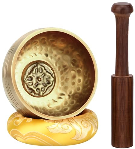 DiDiBirDi Tibetische Klangschale 8cm Handgehämmert in Nepal Klangschale Set | mit Schlägel & gelbem Ring‑Kissen für Yoga,Meditation,Entspannung.Leicht,Handlich.Für Zuhause & Studio