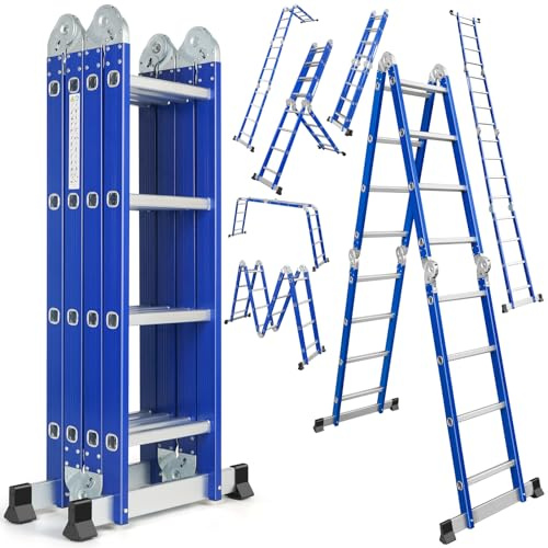 Aluminium Multifunktionsleiter 4x4 Stufen 4,7 m Länge klappbar Leiter 4-teilig bis 150kg Gelenkleiter Klappleiter Stehleiter Aluleiter
